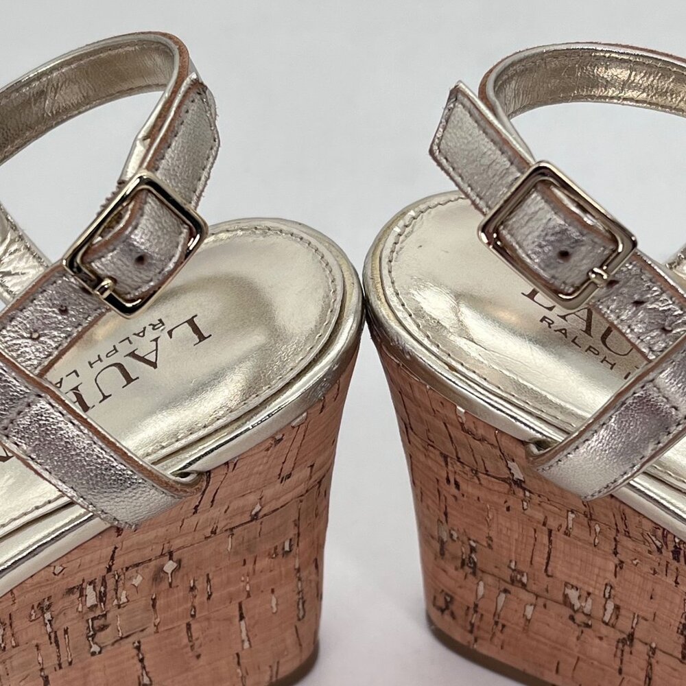 Lauren Ralph Lauren Gold Strappy Cork Wedge Sandals Womens 7.5 Adjustable Strap - Picture 8 of 14